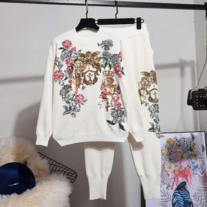 Women Sequin Embroidery Flower Loose Knitted Sweater Harem Pants 2 Piece Set