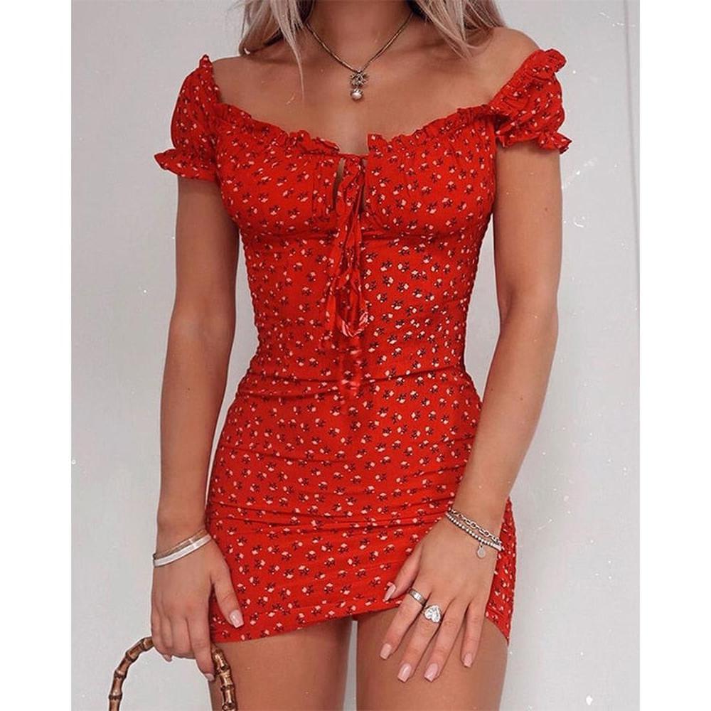 Women's Floral Off Shoulder Tie Up Front Ruffle Mini Dress