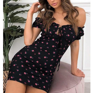 Women's Floral Off Shoulder Tie Up Front Ruffle Mini Dress