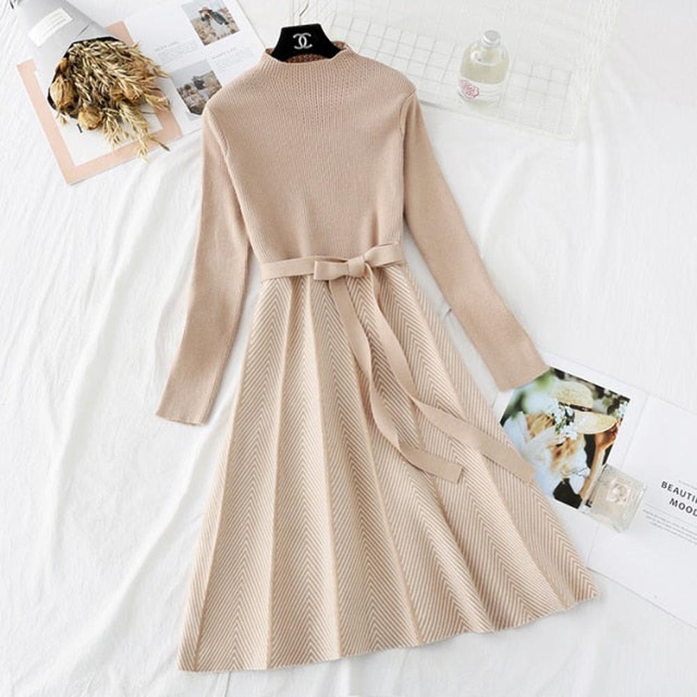 Women Collar A-line Knit Dress Thickened Arrow Striped Elegant Sashes Knitted Dress