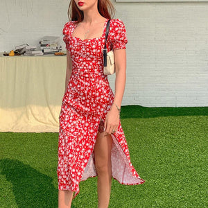 Women Puff Sleeve Floral Print Square Collar Side Split Midi Dress