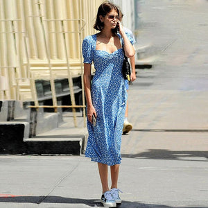 Women Puff Sleeve Floral Print Square Collar Side Split Midi Dress