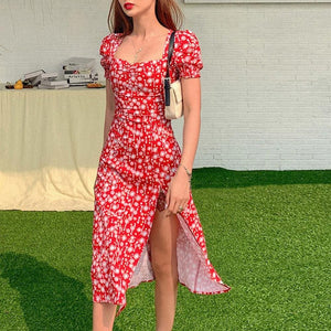 Women Puff Sleeve Floral Print Square Collar Side Split Midi Dress