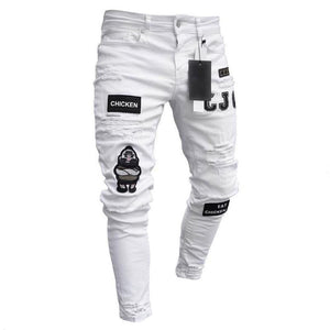 Men Broken Hole Embroidered Pencil jeans