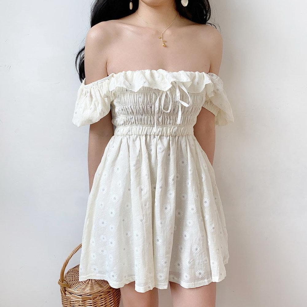 Women Puffed Sleeves Square Neck Bow Slim Floral Dresses