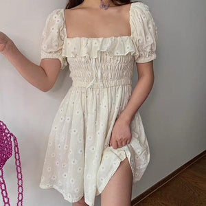 Women Puffed Sleeves Square Neck Bow Slim Floral Dresses