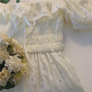 Women Puffed Sleeves Square Neck Bow Slim Floral Dresses