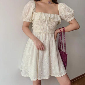 Women Puffed Sleeves Square Neck Bow Slim Floral Dresses