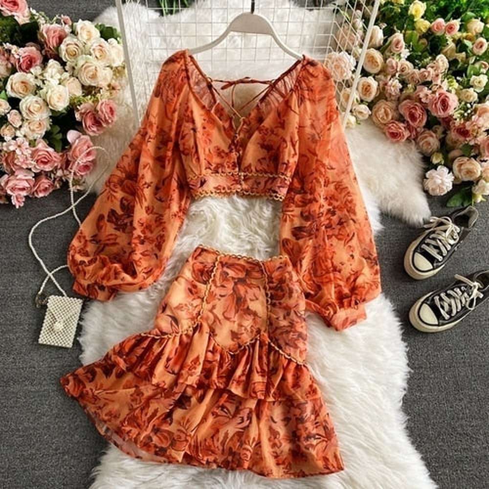 Women s Chiffon V Neck Long Sleeve Short Top Ruffle Mini Skirt 2 Piece Qararli