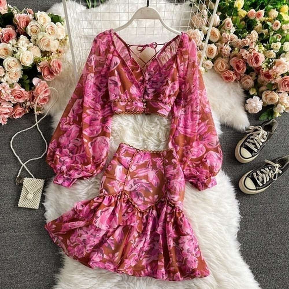 Women's Chiffon V-Neck Long Sleeve Short Top Ruffle Mini Skirt 2 Piece Set