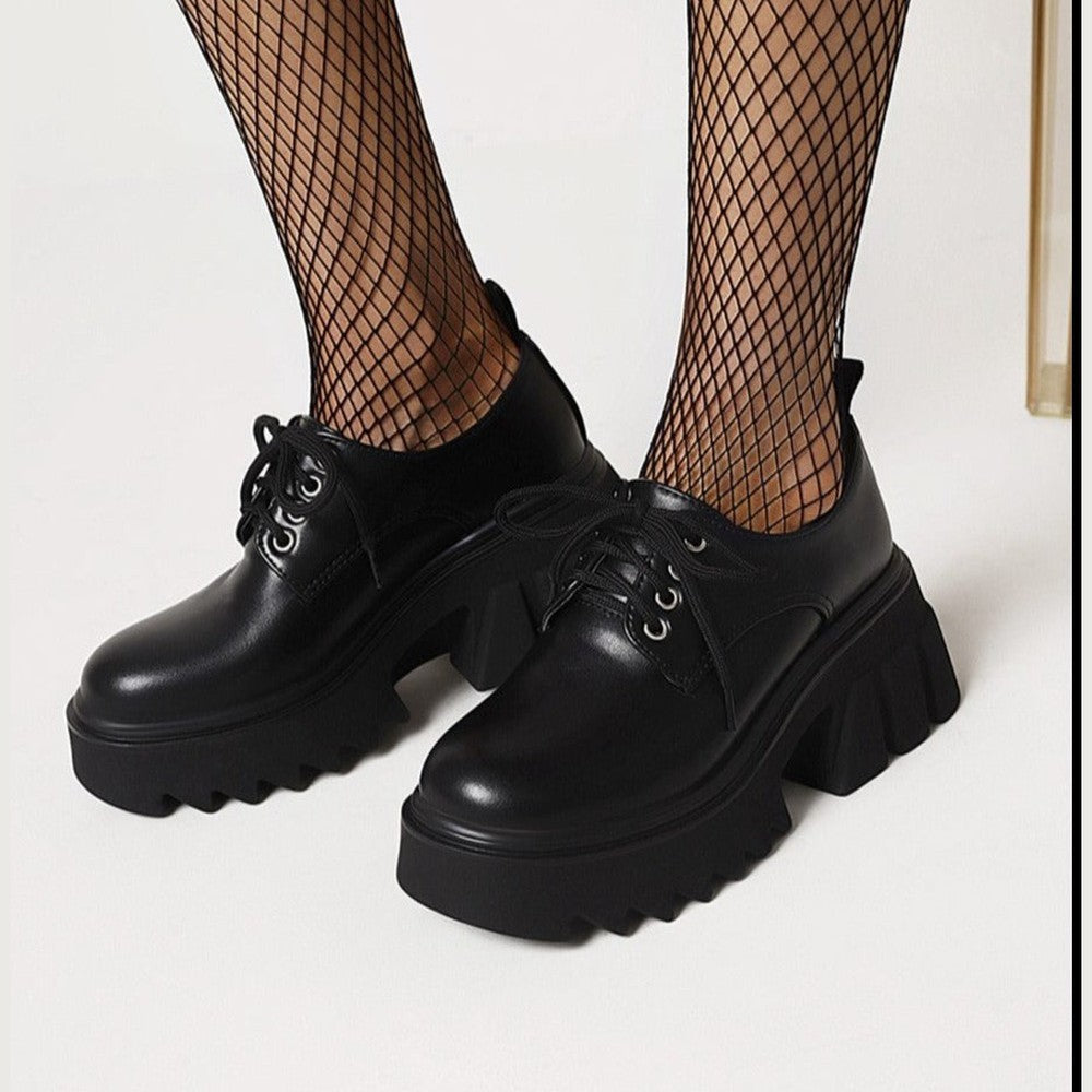 Women Single Shoes Round Toe Lace-up Pumps Platform Gothic Style High Heel Shoes
