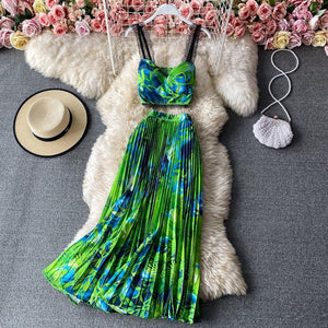Women Bohemian Floral Printed Short Strapless Tops Pleated Long Skirt Suit Set