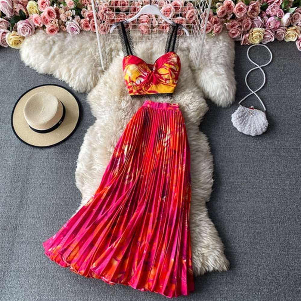 Women Bohemian Floral Printed Short Strapless Tops Pleated Long Skirt Suit Set