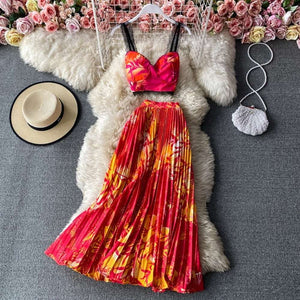 Women Bohemian Floral Printed Short Strapless Tops Pleated Long Skirt Suit Set