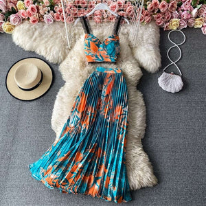 Women Bohemian Floral Printed Short Strapless Tops Pleated Long Skirt Suit Set