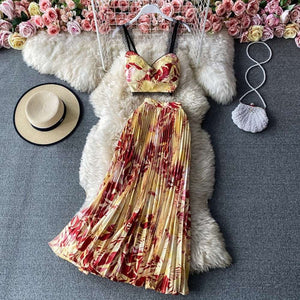 Women Bohemian Floral Printed Short Strapless Tops Pleated Long Skirt Suit Set