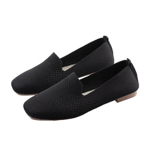 Women Square Toe Knit Fabric Loafers Breathable Shoes