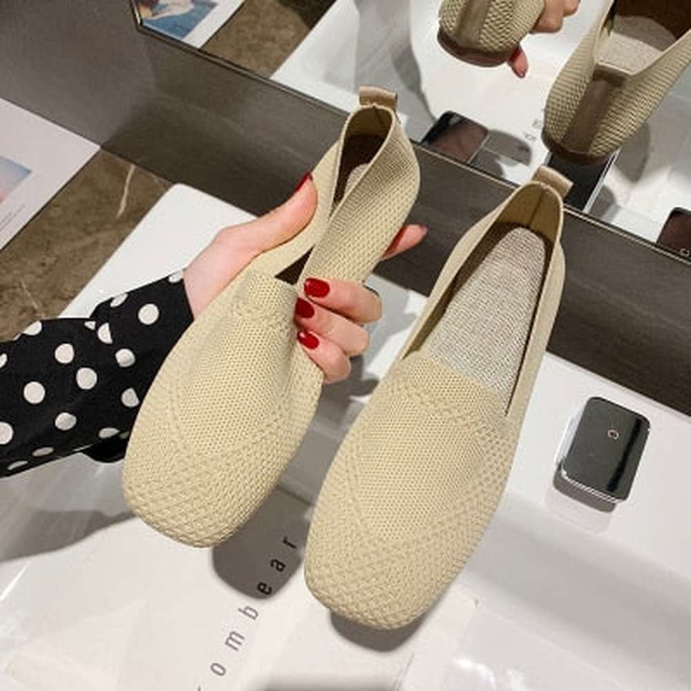 Women Square Toe Knit Fabric Loafers Breathable Shoes