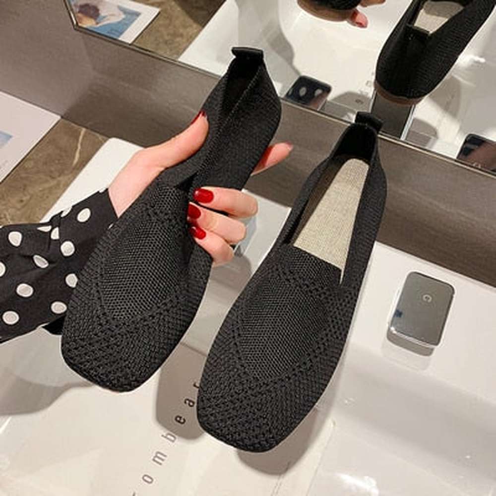 Women Square Toe Knit Fabric Loafers Breathable Shoes