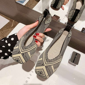 Women Square Toe Knit Fabric Loafers Breathable Shoes