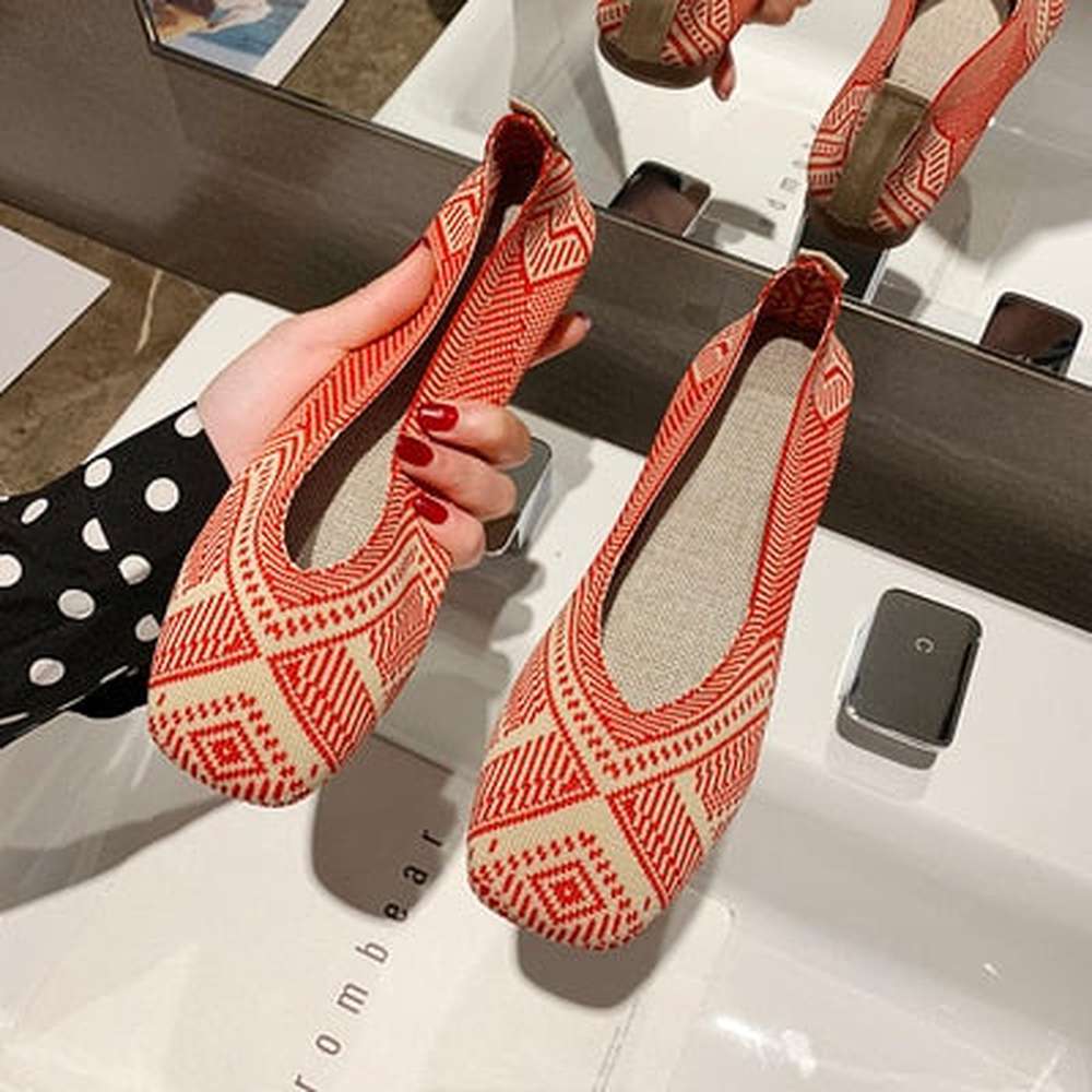 Women Square Toe Knit Fabric Loafers Breathable Shoes