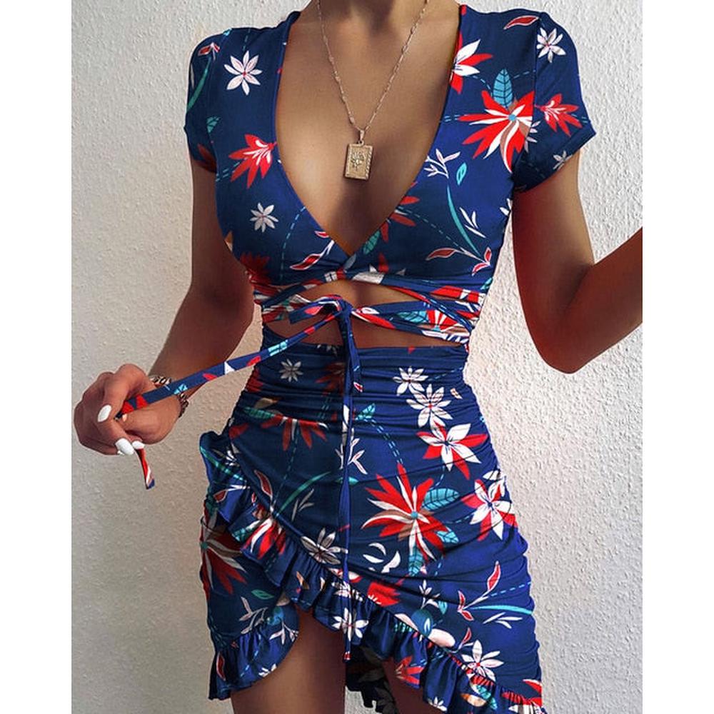 Women's Floral Print Tie Up Wrap Mini Dress