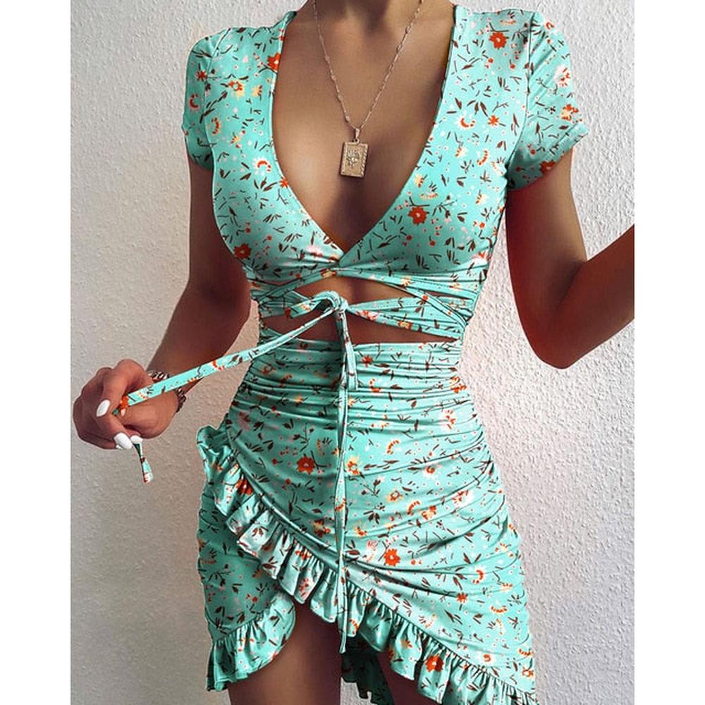 Women's Floral Print Tie Up Wrap Mini Dress