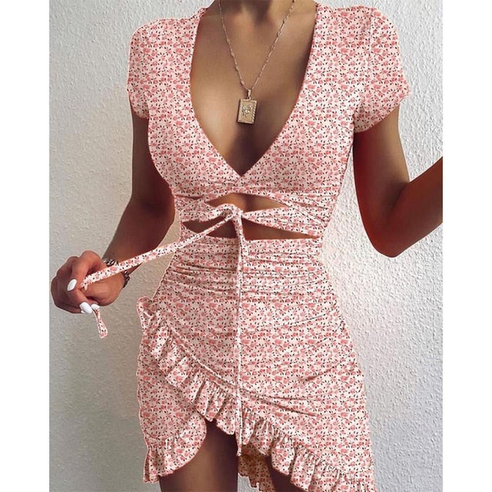 Women's Floral Print Tie Up Wrap Mini Dress