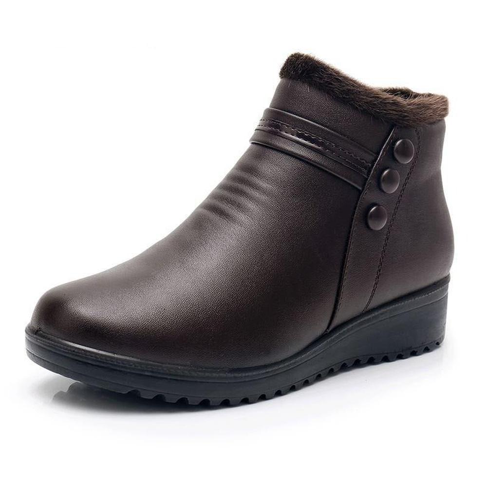 Women Leather Ankle Warm Boots Plush Wedge Shoes