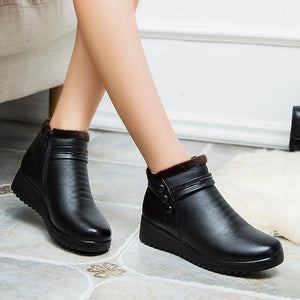 Women Leather Ankle Warm Boots Plush Wedge Shoes