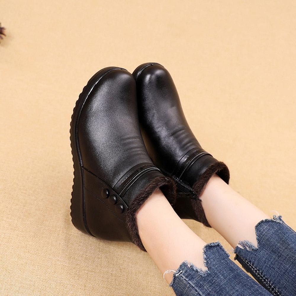 Women Leather Ankle Warm Boots Plush Wedge Shoes