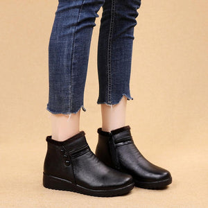 Women Leather Ankle Warm Boots Plush Wedge Shoes