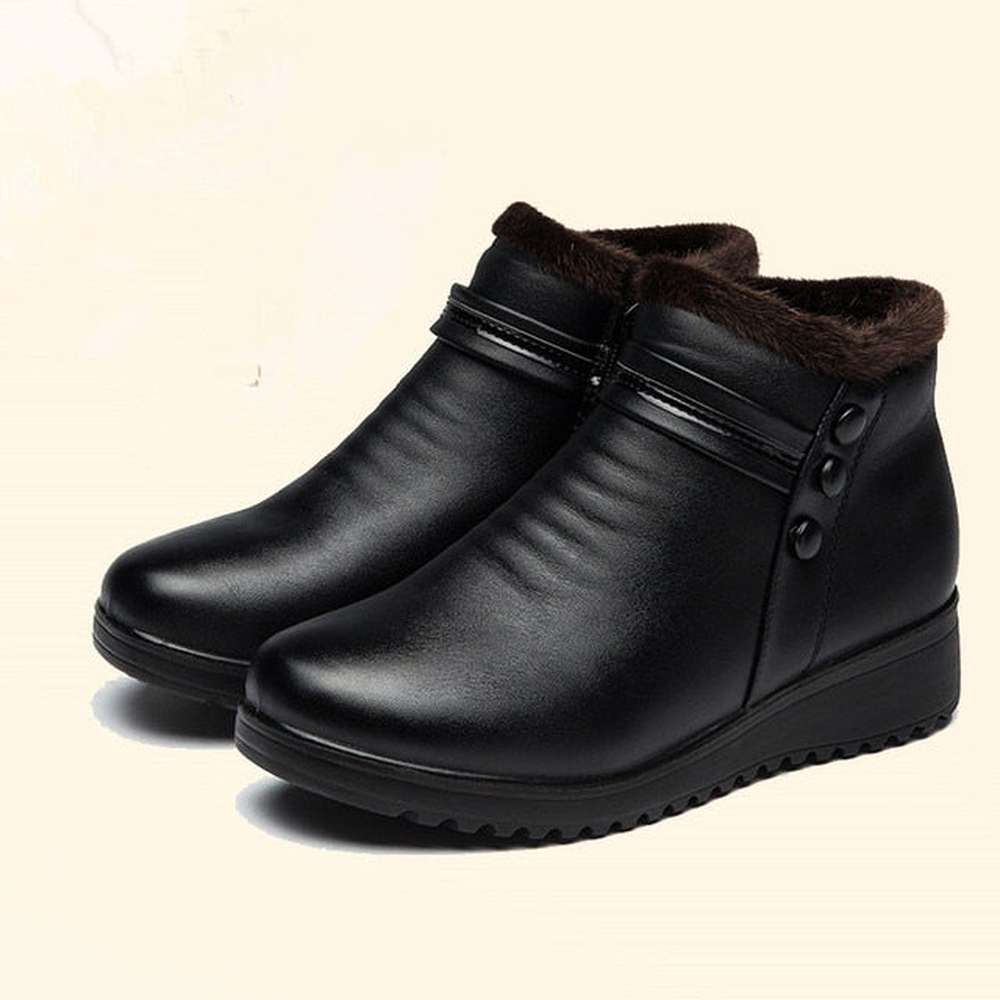 Women Leather Ankle Warm Boots Plush Wedge Shoes