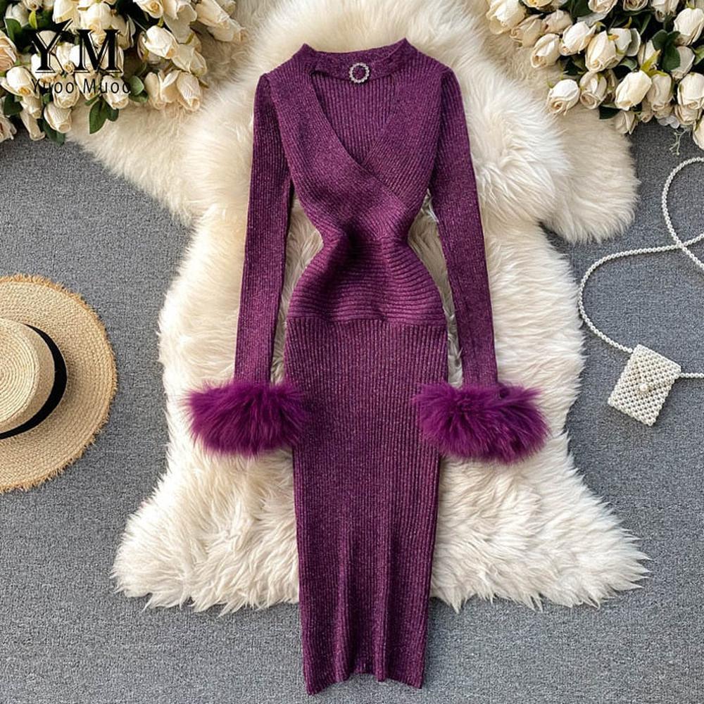 Women Shining Knitted Hollow Out V-neck Halter Bodycon Party Dress