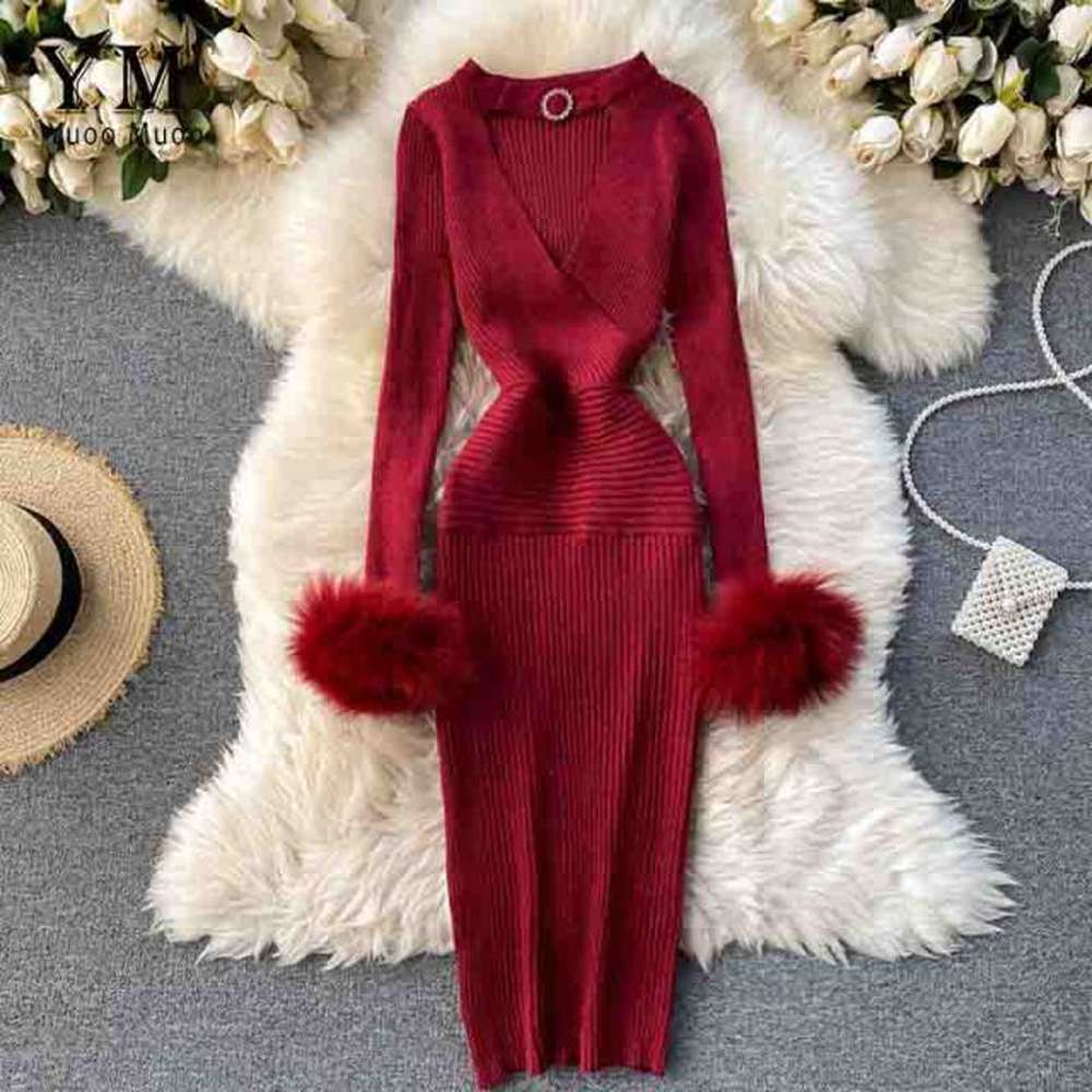 Women Shining Knitted Hollow Out V-neck Halter Bodycon Party Dress