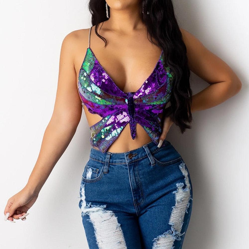 Women Multi-color Bandage Butterfly Sequin Top