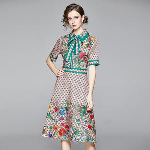 Women's Short Sleeve Turn Down Neck Bow Letter Floral Print Midi Dress
