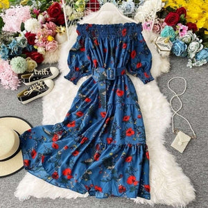 Women Floral Print Chiffon Dress Slash Neck Off Shoulder Dress