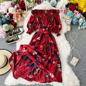 Women Floral Print Chiffon Dress Slash Neck Off Shoulder Dress