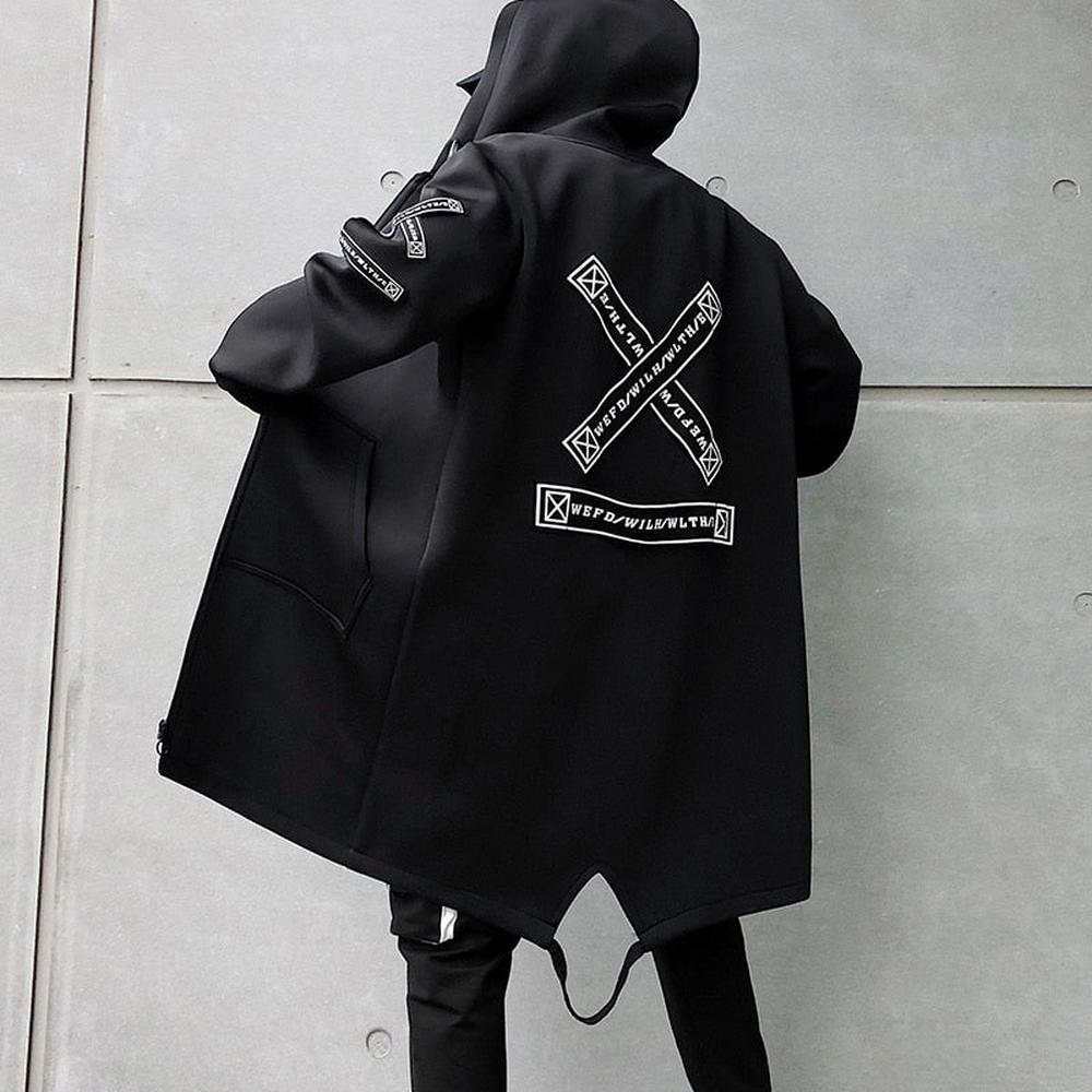 Men Print Harajuku Windbreaker Ribbon Overcoat Hooded Jackets