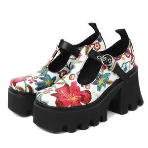 Women T-strap Hoof Heels Mixed Color Flower Vintage Gothic Style Shoes
