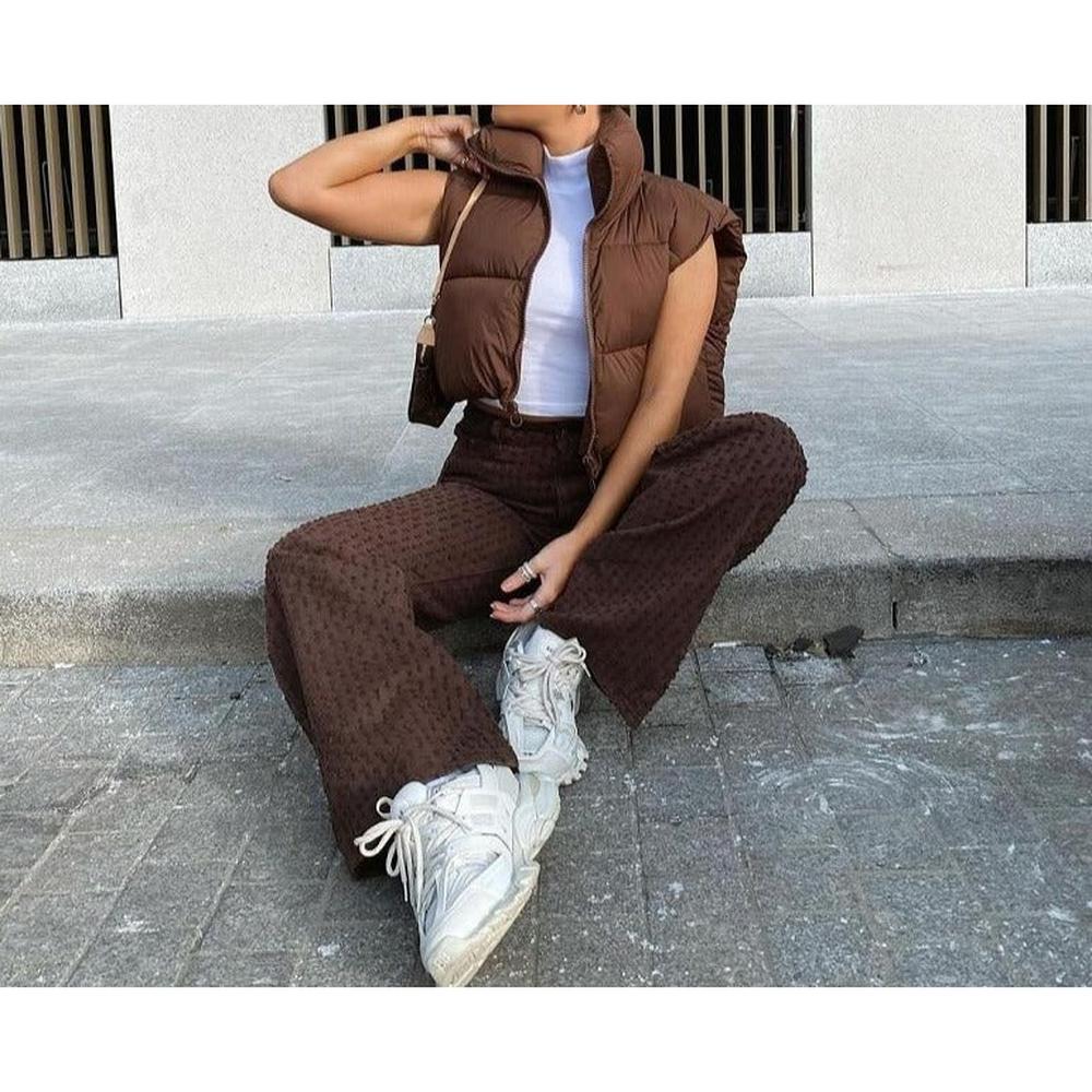 Women Cropped Vest Coat Stand Collar Zipper Casual Waistcoat
