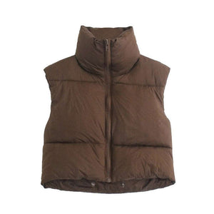 Women Cropped Vest Coat Stand Collar Zipper Casual Waistcoat