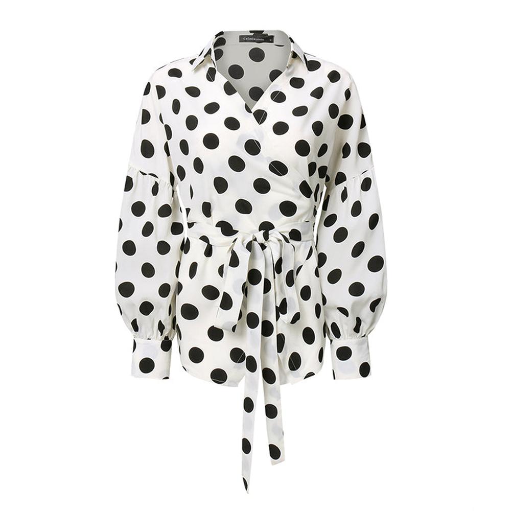 Women Vintage Lantern Sleeve Shirts Tunic Casual Loose V-Neck Elegant Belted Blouse