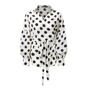 Women Vintage Lantern Sleeve Shirts Tunic Casual Loose V-Neck Elegant Belted Blouse