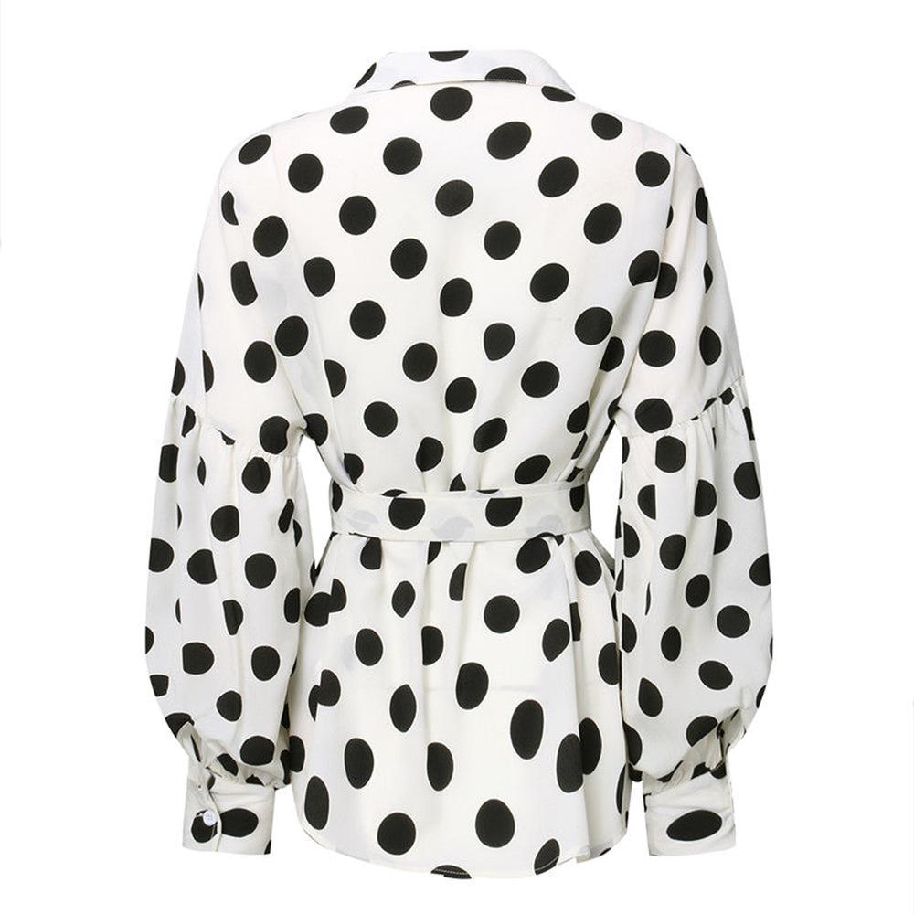 Women Vintage Lantern Sleeve Shirts Tunic Casual Loose V-Neck Elegant Belted Blouse