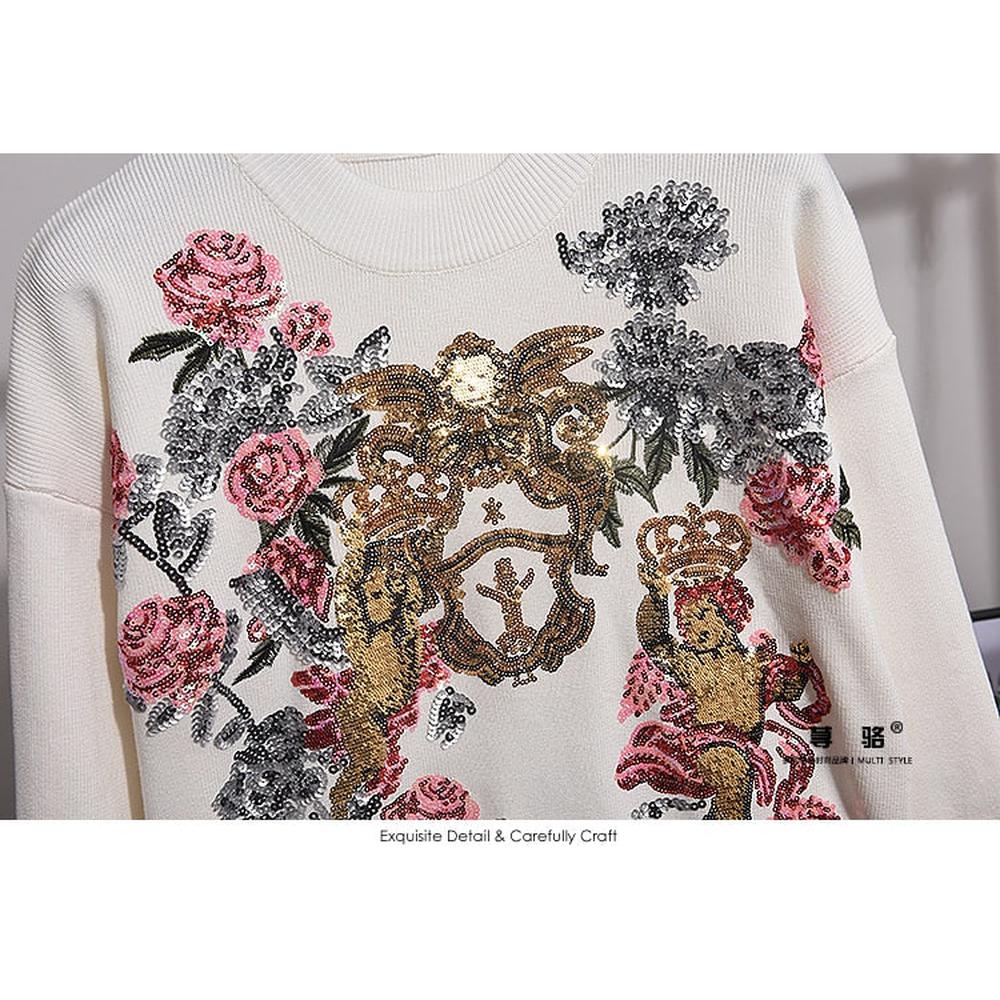 Women Sequin Embroidery Flower Loose Knitted Sweater Harem Pants 2 Piece Set