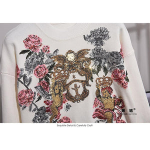 Women Sequin Embroidery Flower Loose Knitted Sweater Harem Pants 2 Piece Set