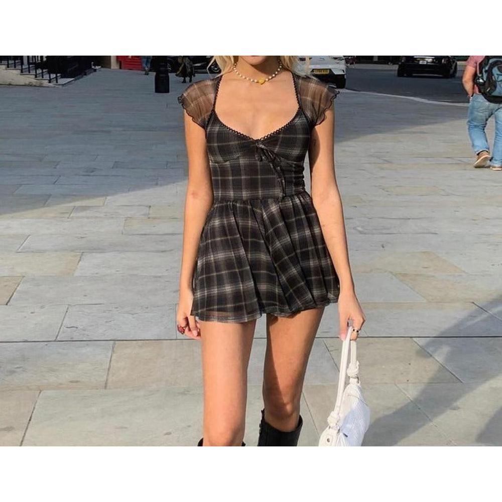 Women Lattice Pattern A-Line Short Sleeve Mini Dress