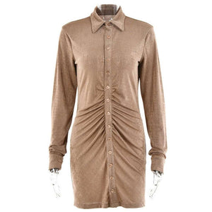 Women's Long Sleeve Ruched Bodycon Shirts Dress